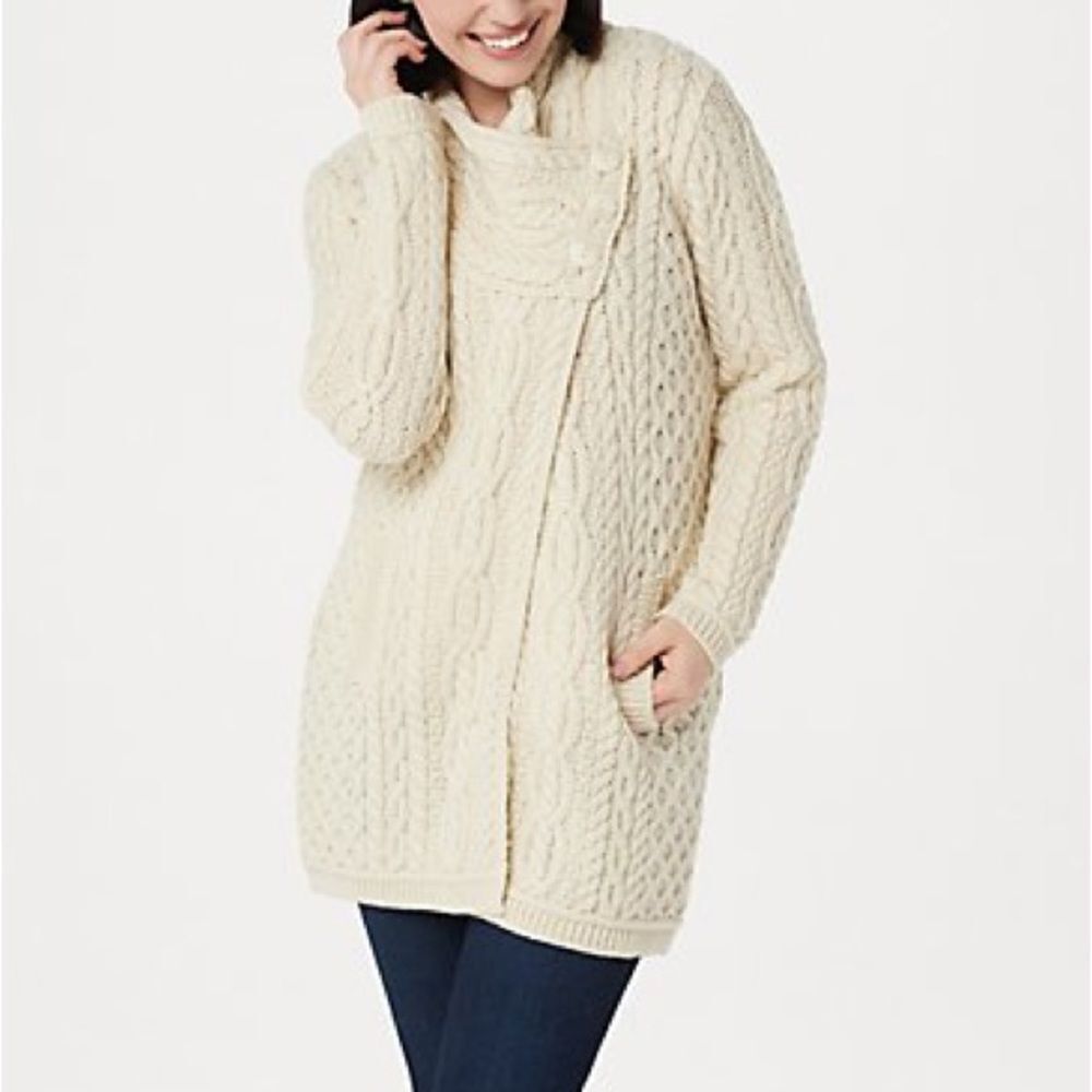 Aran Craft Merino Wool Button Collar Closure Cardigan